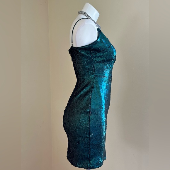 Lulus Beautiful Teal Green Sequin Dress Zip In Back adjustable st… - Picture 4 of 14
